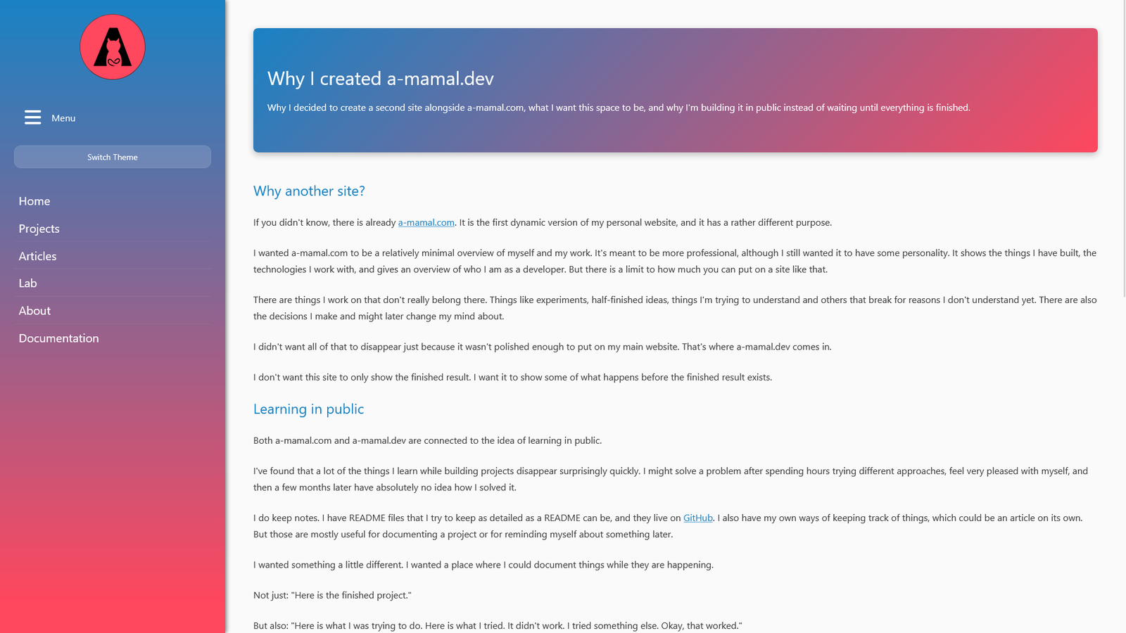 a-mamal.dev article page in desktop day mode