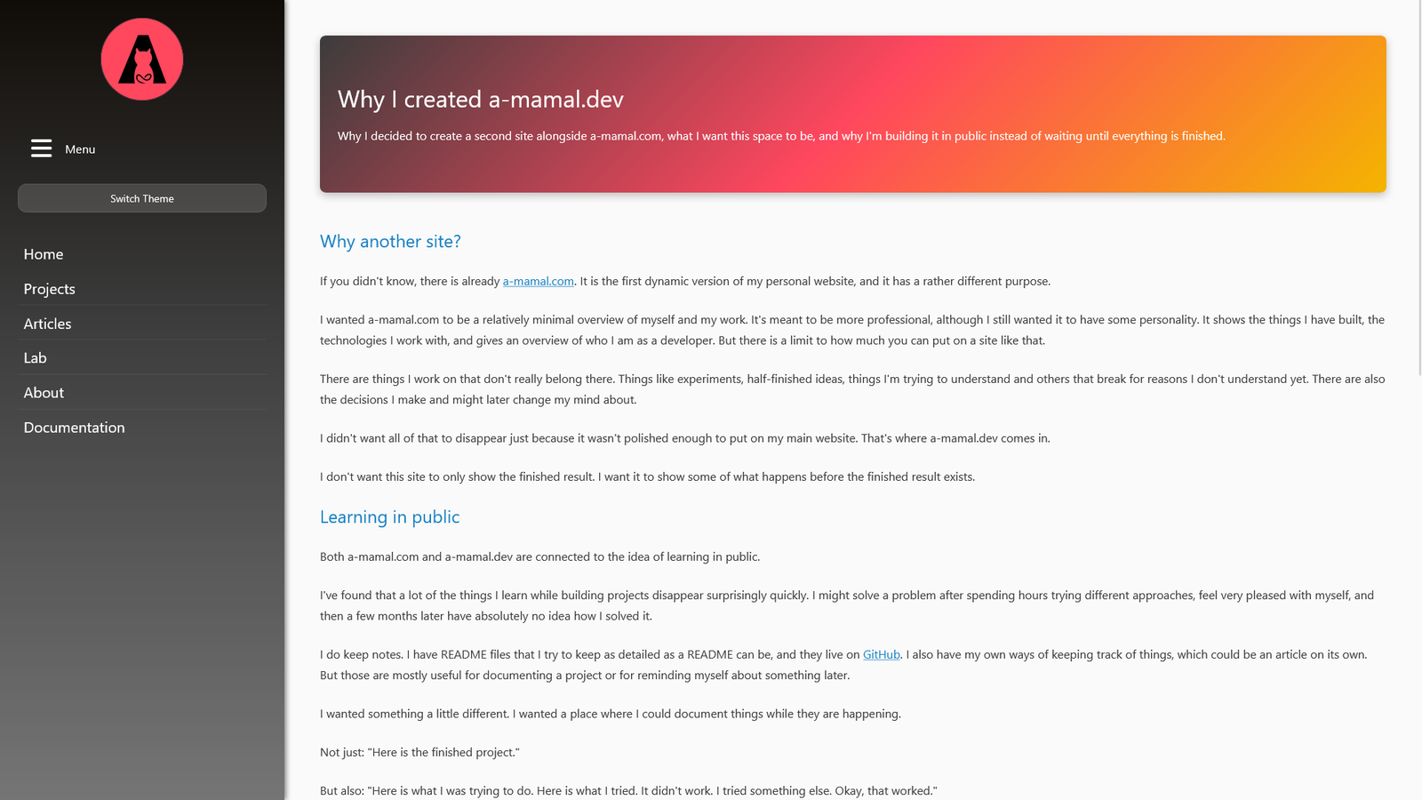 a-mamal.dev article page in desktop night mode