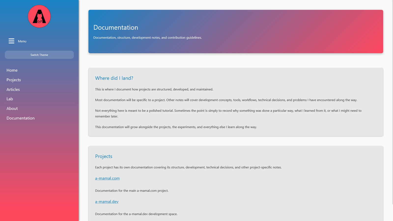 a-mamal.dev documentation page in desktop day mode