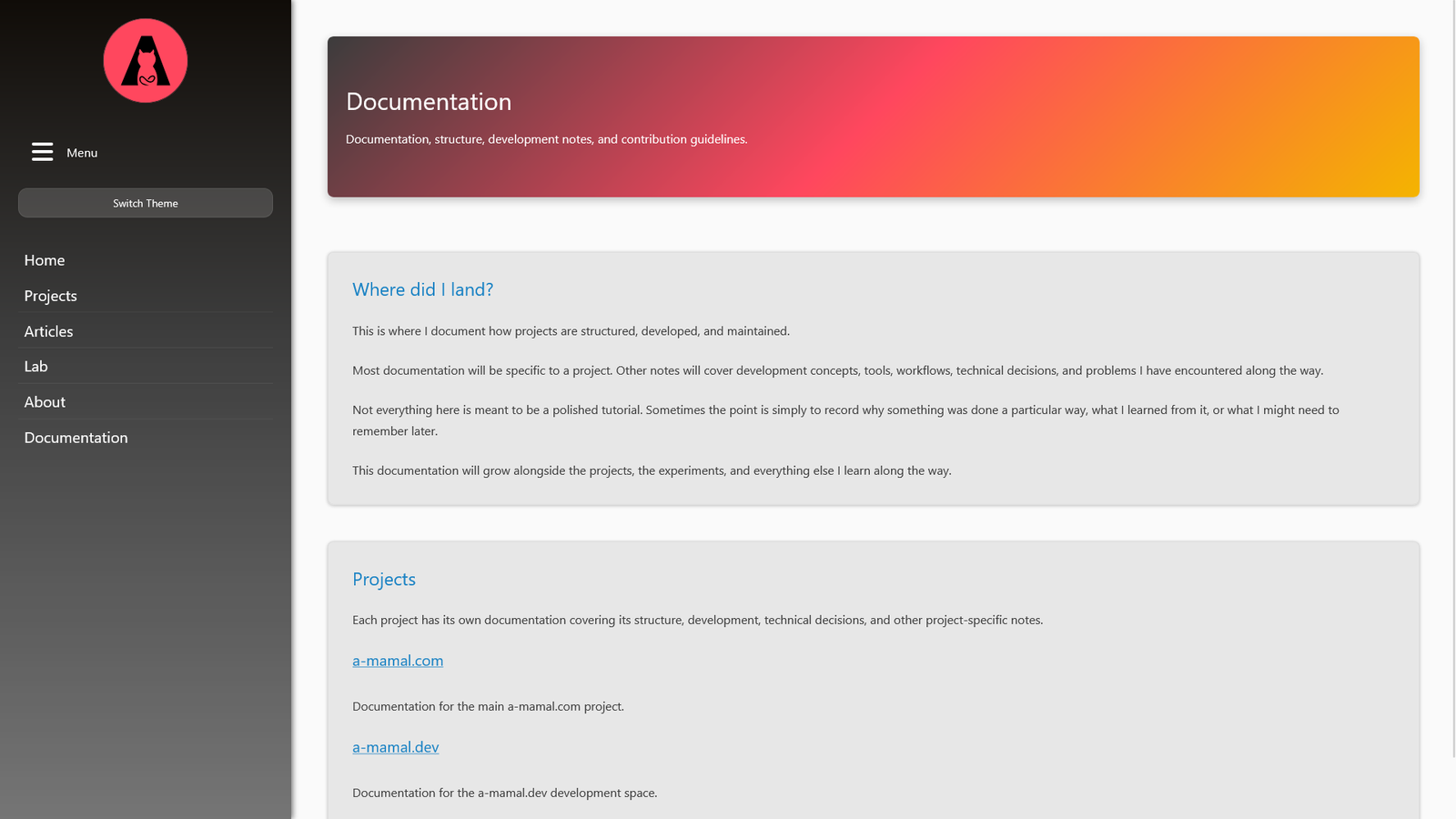 a-mamal.dev documentation page in desktop night mode