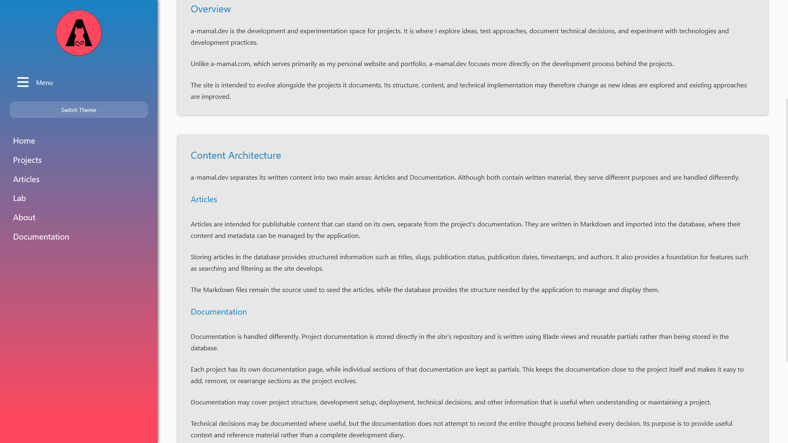 a-mamal.dev project documentation in desktop day mode