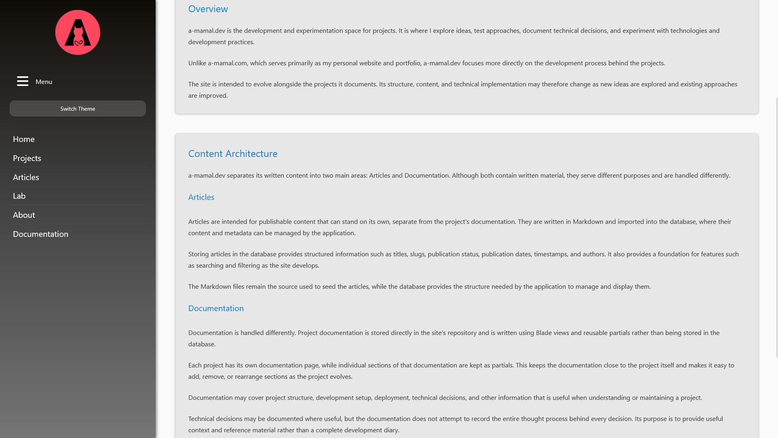 a-mamal.dev project documentation in desktop night mode