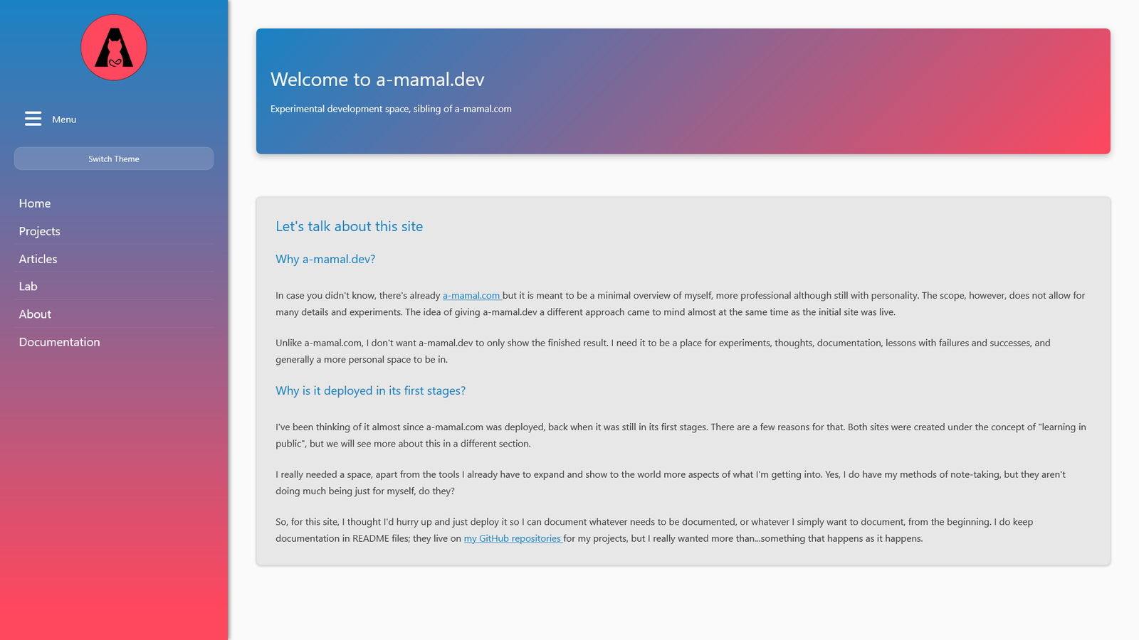 a-mamal.dev home page in desktop day mode