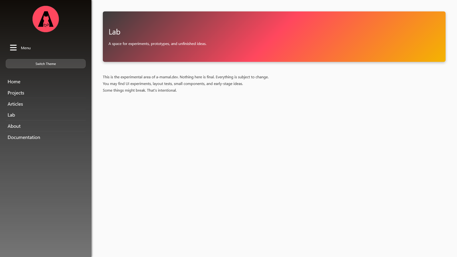 a-mamal.dev lab page in desktop night mode